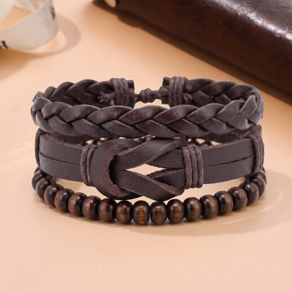 THE MEN THING Leather Bracelet ANCIENT CREST - 3Pcs Genuine Leather Adjustable Bracelets Set for Men & Boys
