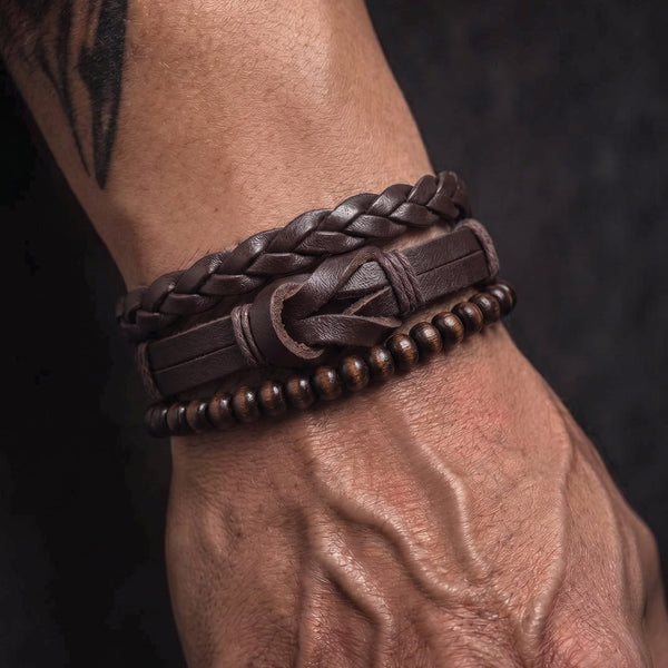 ANCIENT CREST - 3Pcs Genuine Leather Adjustable Bracelets Set for Men & Boys