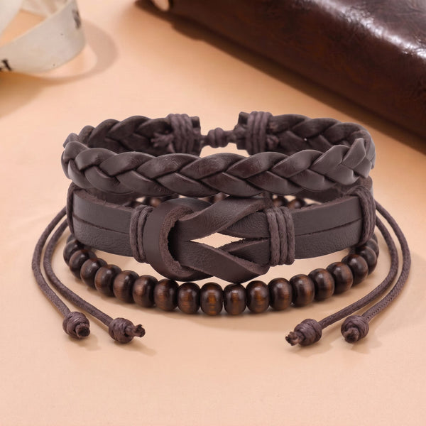 ANCIENT CREST - 3Pcs Genuine Leather Adjustable Bracelets Set for Men & Boys