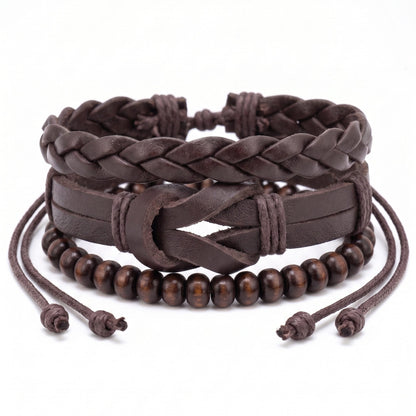 THE MEN THING Leather Bracelet ANCIENT CREST - 3Pcs Genuine Leather Adjustable Bracelets Set for Men & Boys