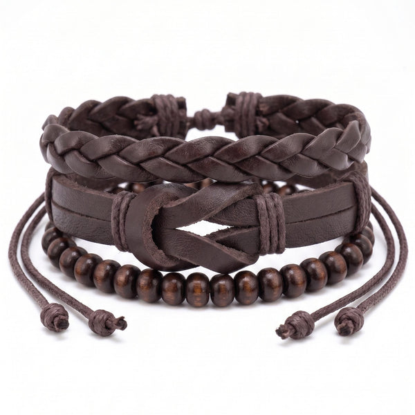ANCIENT CREST - 3Pcs Genuine Leather Adjustable Bracelets Set for Men & Boys