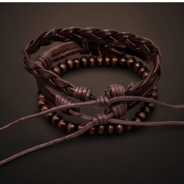 ANCIENT CREST - 3Pcs Genuine Leather Adjustable Bracelets Set for Men & Boys