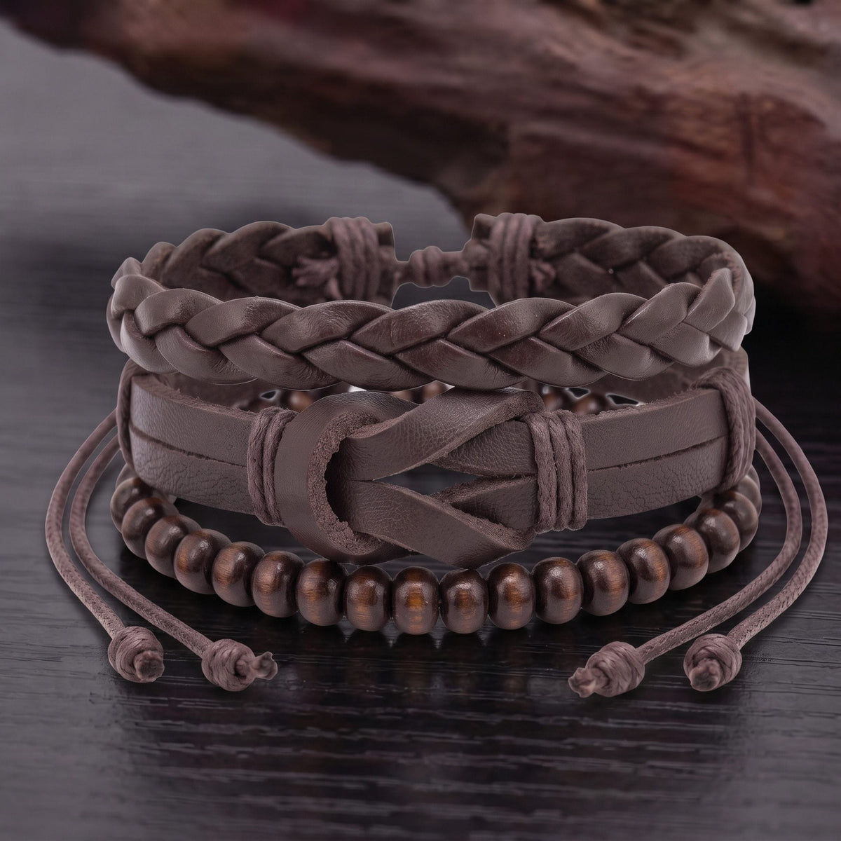 THE MEN THING Leather Bracelet ANCIENT CREST - 3Pcs Genuine Leather Adjustable Bracelets Set for Men & Boys