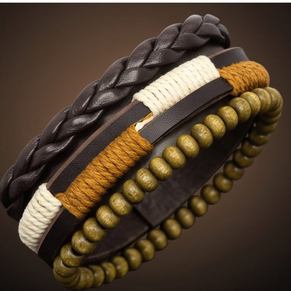 AUTUMN BRAID - 3Pcs Genuine Leather Adjustable Bracelets Set for Men & Boys