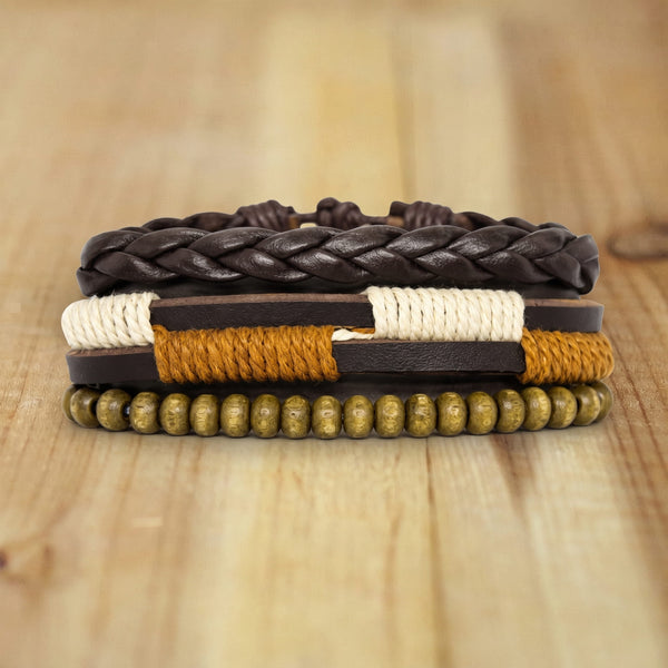 AUTUMN BRAID - 3Pcs Genuine Leather Adjustable Bracelets Set for Men & Boys