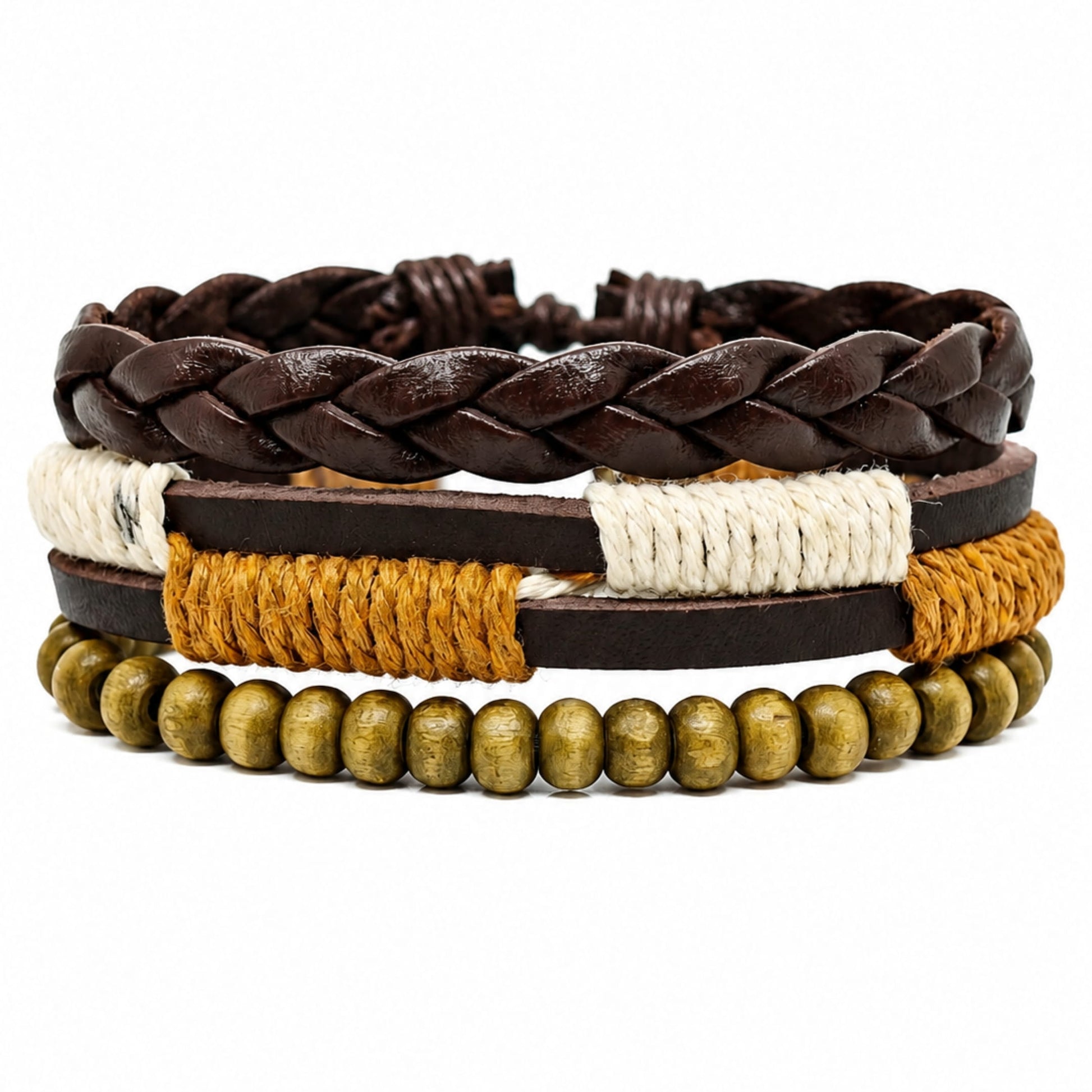 THE MEN THING Leather Bracelet AUTUMN BRAID - 3Pcs Genuine Leather Adjustable Bracelets Set for Men & Boys