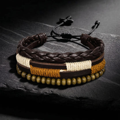 THE MEN THING Leather Bracelet AUTUMN BRAID - 3Pcs Genuine Leather Adjustable Bracelets Set for Men & Boys