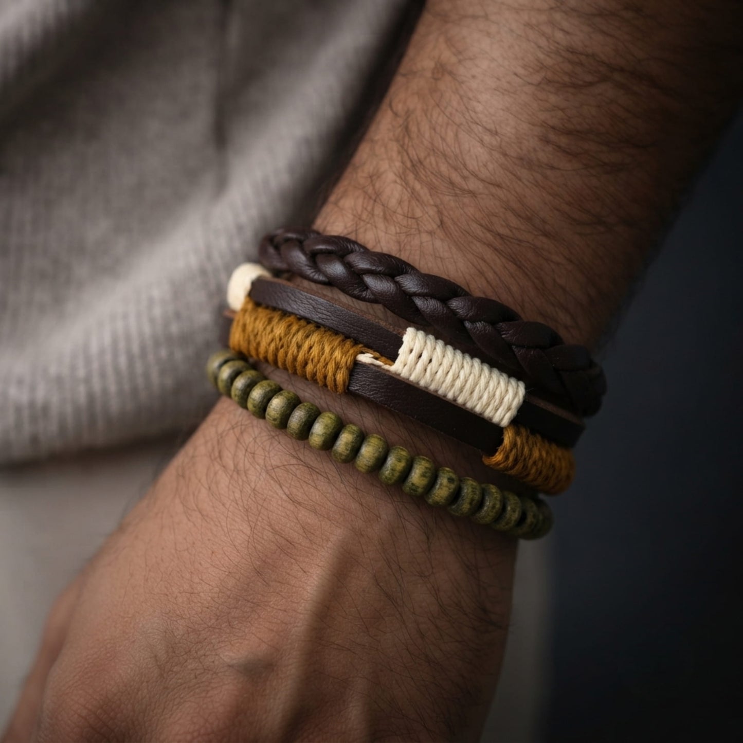THE MEN THING Leather Bracelet AUTUMN BRAID - 3Pcs Genuine Leather Adjustable Bracelets Set for Men & Boys