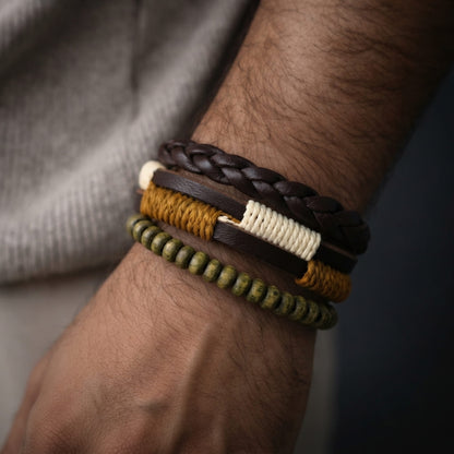 THE MEN THING Leather Bracelet AUTUMN BRAID - 3Pcs Genuine Leather Adjustable Bracelets Set for Men & Boys