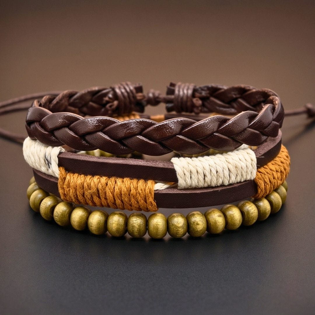 THE MEN THING Leather Bracelet AUTUMN BRAID - 3Pcs Genuine Leather Adjustable Bracelets Set for Men & Boys