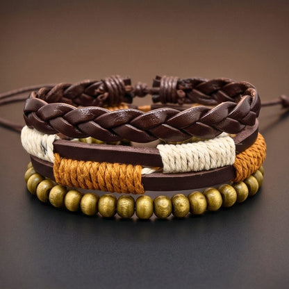 THE MEN THING Leather Bracelet AUTUMN BRAID - 3Pcs Genuine Leather Adjustable Bracelets Set for Men & Boys