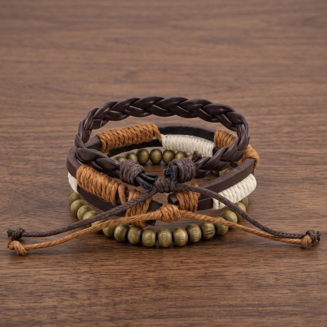 THE MEN THING Leather Bracelet AUTUMN BRAID - 3Pcs Genuine Leather Adjustable Bracelets Set for Men & Boys