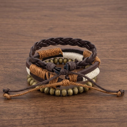 THE MEN THING Leather Bracelet AUTUMN BRAID - 3Pcs Genuine Leather Adjustable Bracelets Set for Men & Boys