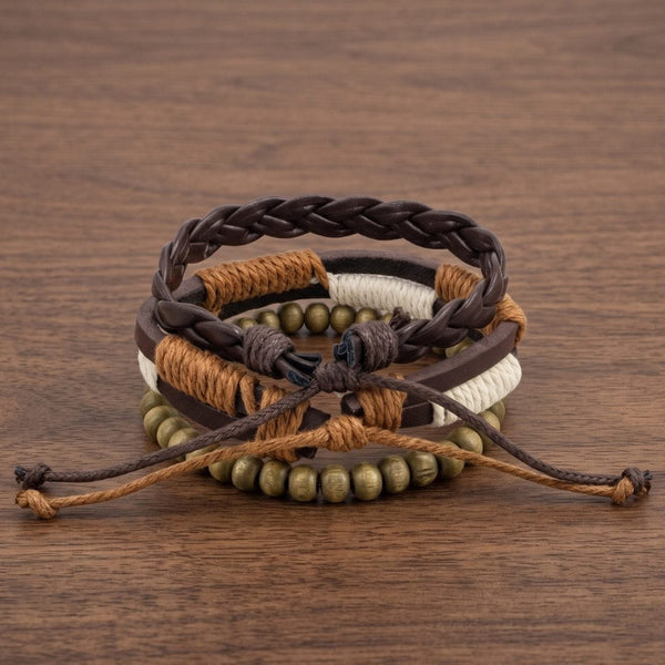 AUTUMN BRAID - 3Pcs Genuine Leather Adjustable Bracelets Set for Men & Boys