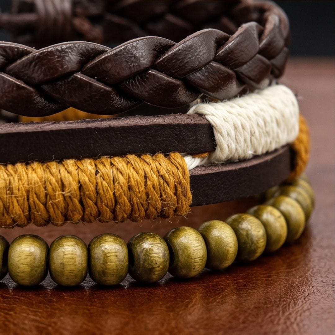 THE MEN THING Leather Bracelet AUTUMN BRAID - 3Pcs Genuine Leather Adjustable Bracelets Set for Men & Boys