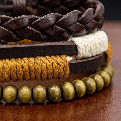 THE MEN THING Leather Bracelet AUTUMN BRAID - 3Pcs Genuine Leather Adjustable Bracelets Set for Men & Boys