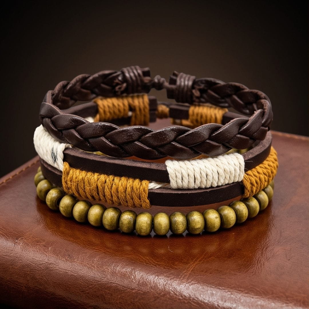 THE MEN THING Leather Bracelet AUTUMN BRAID - 3Pcs Genuine Leather Adjustable Bracelets Set for Men & Boys