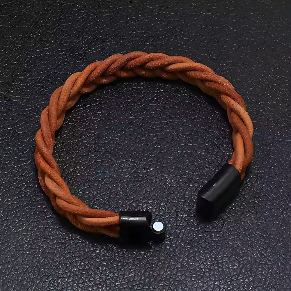 THE MEN THING Leather Bracelet AVENTRO - Genuine Leather Braided Bracelet with Stainless Steel Magnetic Buckle for Men & Boys (8 inch)