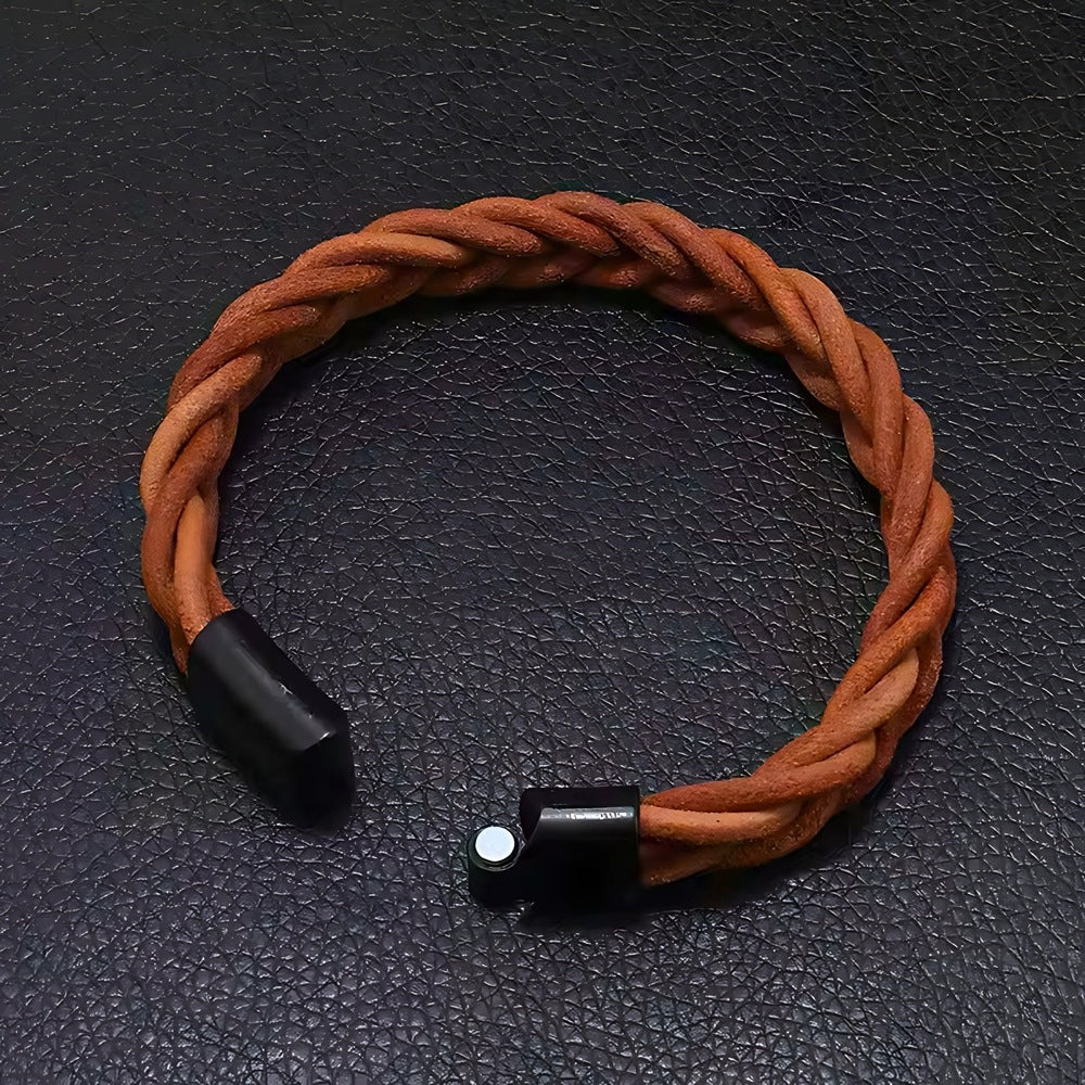 THE MEN THING Leather Bracelet AVENTRO - Genuine Leather Braided Bracelet with Stainless Steel Magnetic Buckle for Men & Boys (8 inch)