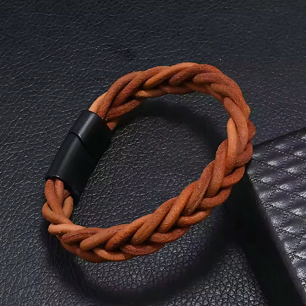 AVENTRO - Genuine Leather Braided Bracelet with Stainless Steel Magnetic Buckle for Men & Boys (8 inch)