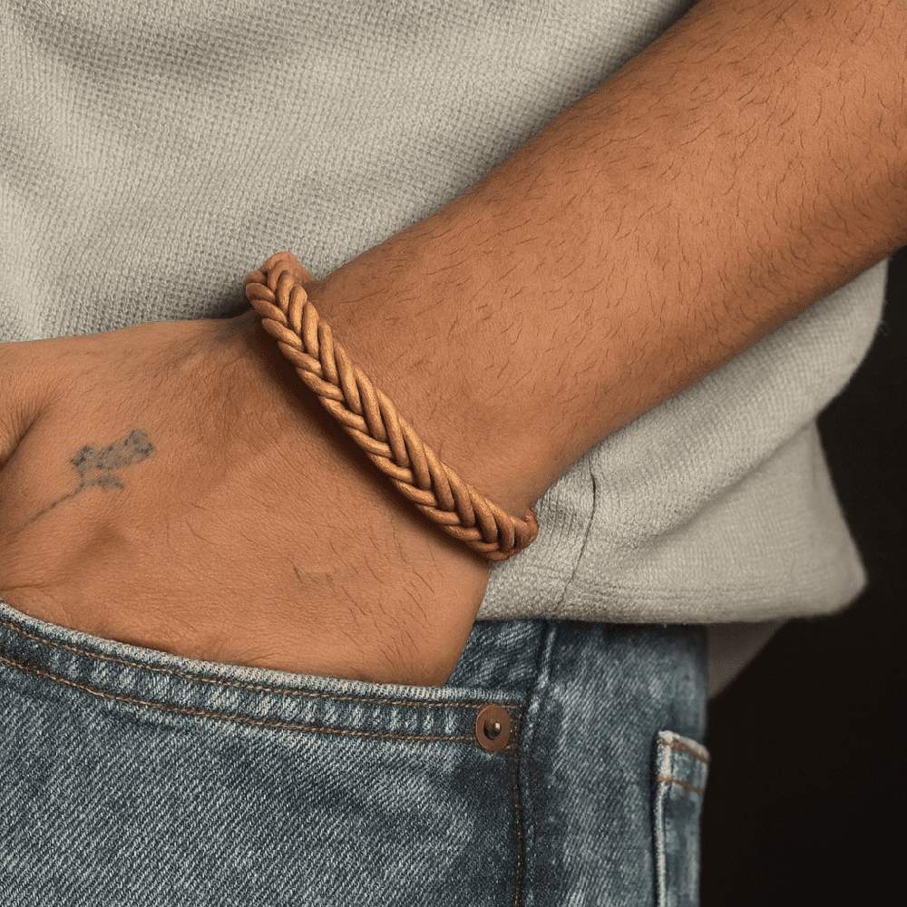 THE MEN THING Leather Bracelet AVENTRO - Genuine Leather Braided Bracelet with Stainless Steel Magnetic Buckle for Men & Boys (8 inch)