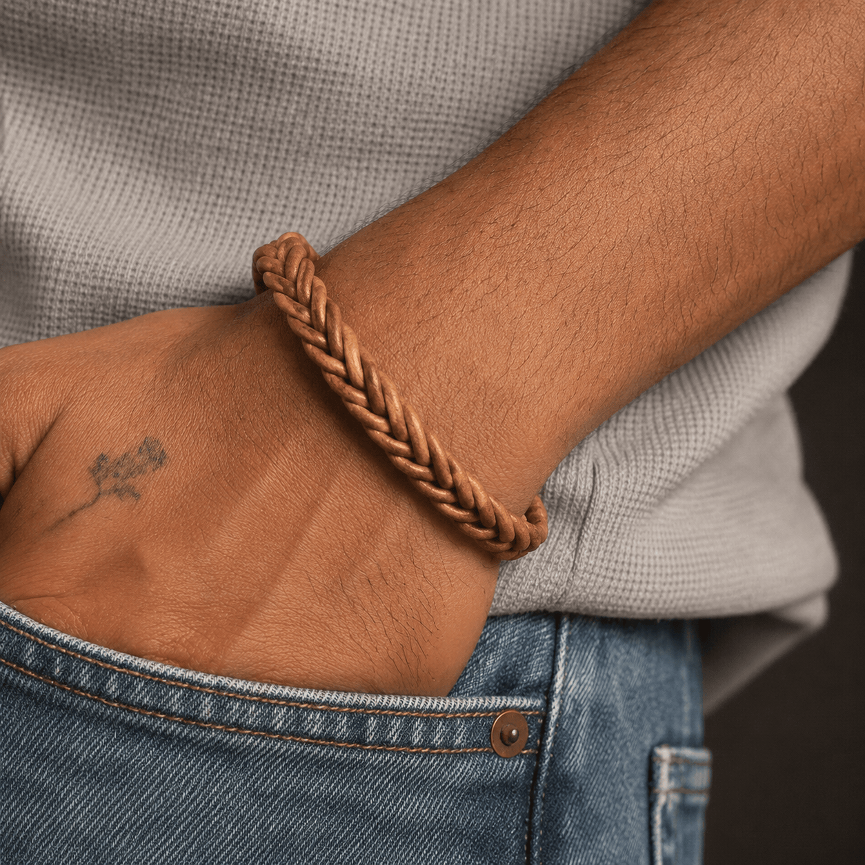THE MEN THING Leather Bracelet AVENTRO - Genuine Leather Braided Bracelet with Stainless Steel Magnetic Buckle for Men & Boys (8 inch)