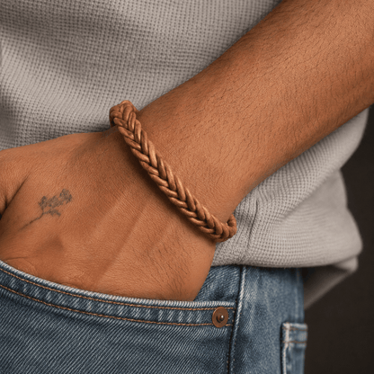 THE MEN THING Leather Bracelet AVENTRO - Genuine Leather Braided Bracelet with Stainless Steel Magnetic Buckle for Men & Boys (8 inch)