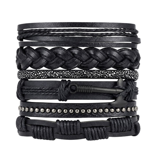 THE MEN THING Leather Bracelet AXEFORGE - 6 Pcs Genuine Leather Adjustable Bracelet for Men & Boys