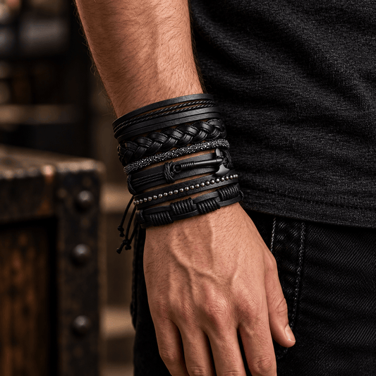 THE MEN THING Leather Bracelet AXEFORGE - 6 Pcs Genuine Leather Adjustable Bracelet for Men & Boys