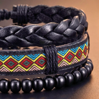 THE MEN THING Leather Bracelet AZTEC PULSE - 3Pcs Genuine Leather Adjustable Bracelets Set for Men & Boys