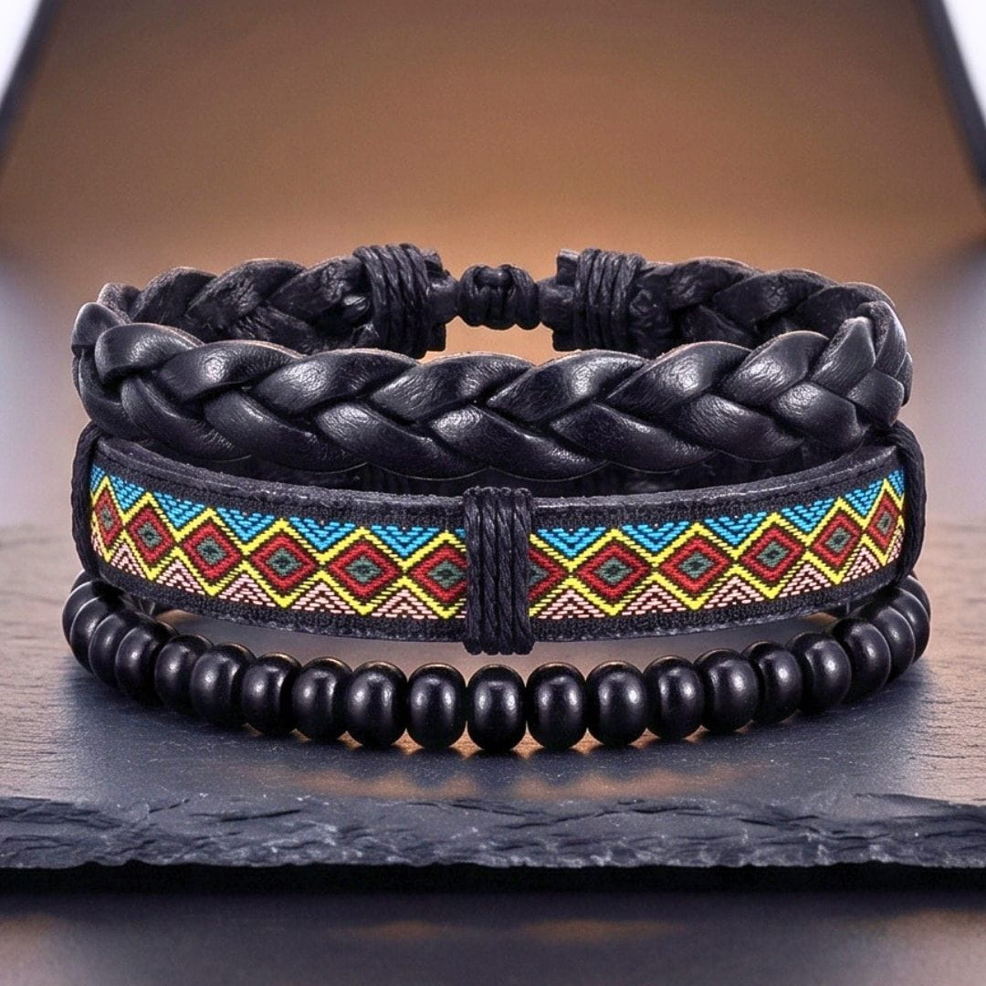 THE MEN THING Leather Bracelet AZTEC PULSE - 3Pcs Genuine Leather Adjustable Bracelets Set for Men & Boys
