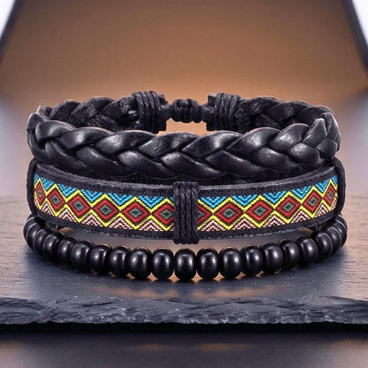 THE MEN THING Leather Bracelet AZTEC PULSE - 3Pcs Genuine Leather Adjustable Bracelets Set for Men & Boys