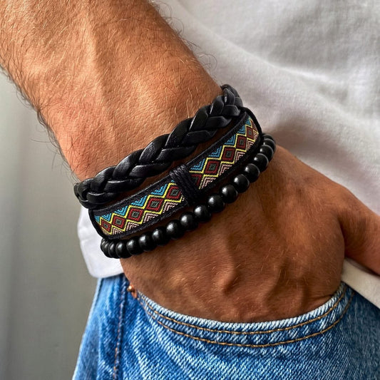 THE MEN THING Leather Bracelet AZTEC PULSE - 3Pcs Genuine Leather Adjustable Bracelets Set for Men & Boys