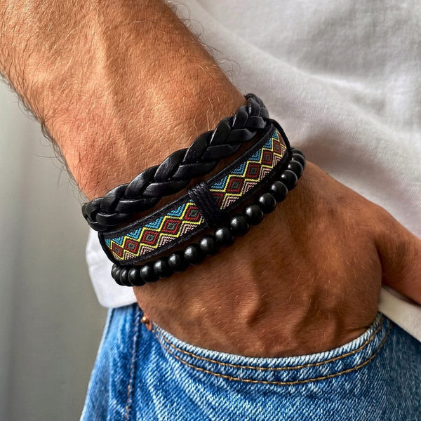 AZTEC PULSE - 3Pcs Genuine Leather Adjustable Bracelets Set for Men & Boys