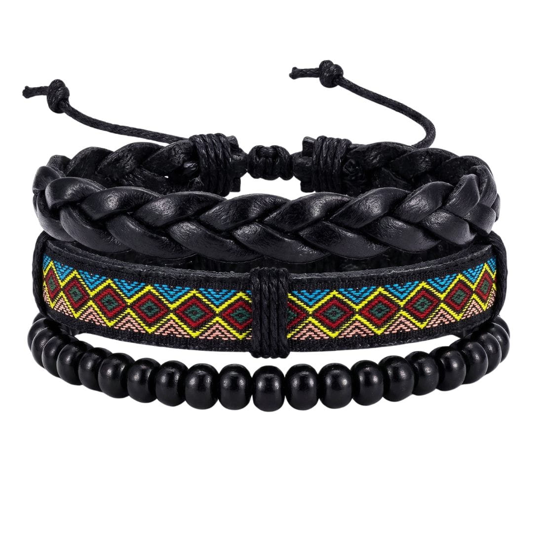 THE MEN THING Leather Bracelet AZTEC PULSE - 3Pcs Genuine Leather Adjustable Bracelets Set for Men & Boys