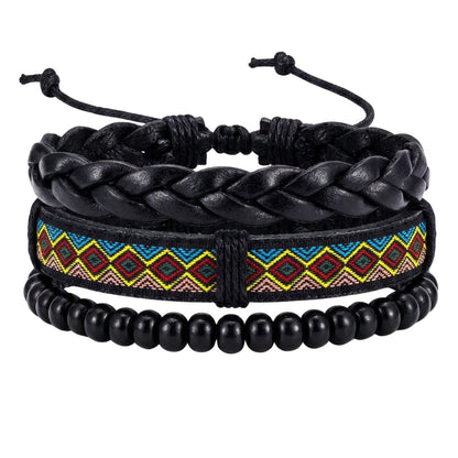THE MEN THING Leather Bracelet AZTEC PULSE - 3Pcs Genuine Leather Adjustable Bracelets Set for Men & Boys