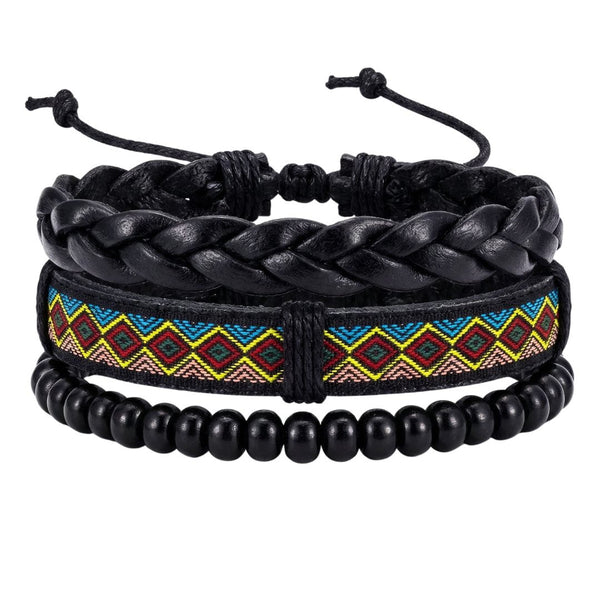 AZTEC PULSE - 3Pcs Genuine Leather Adjustable Bracelets Set for Men & Boys