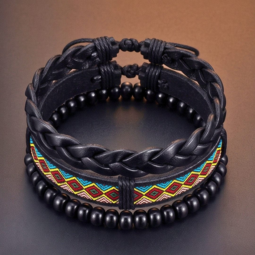 THE MEN THING Leather Bracelet AZTEC PULSE - 3Pcs Genuine Leather Adjustable Bracelets Set for Men & Boys