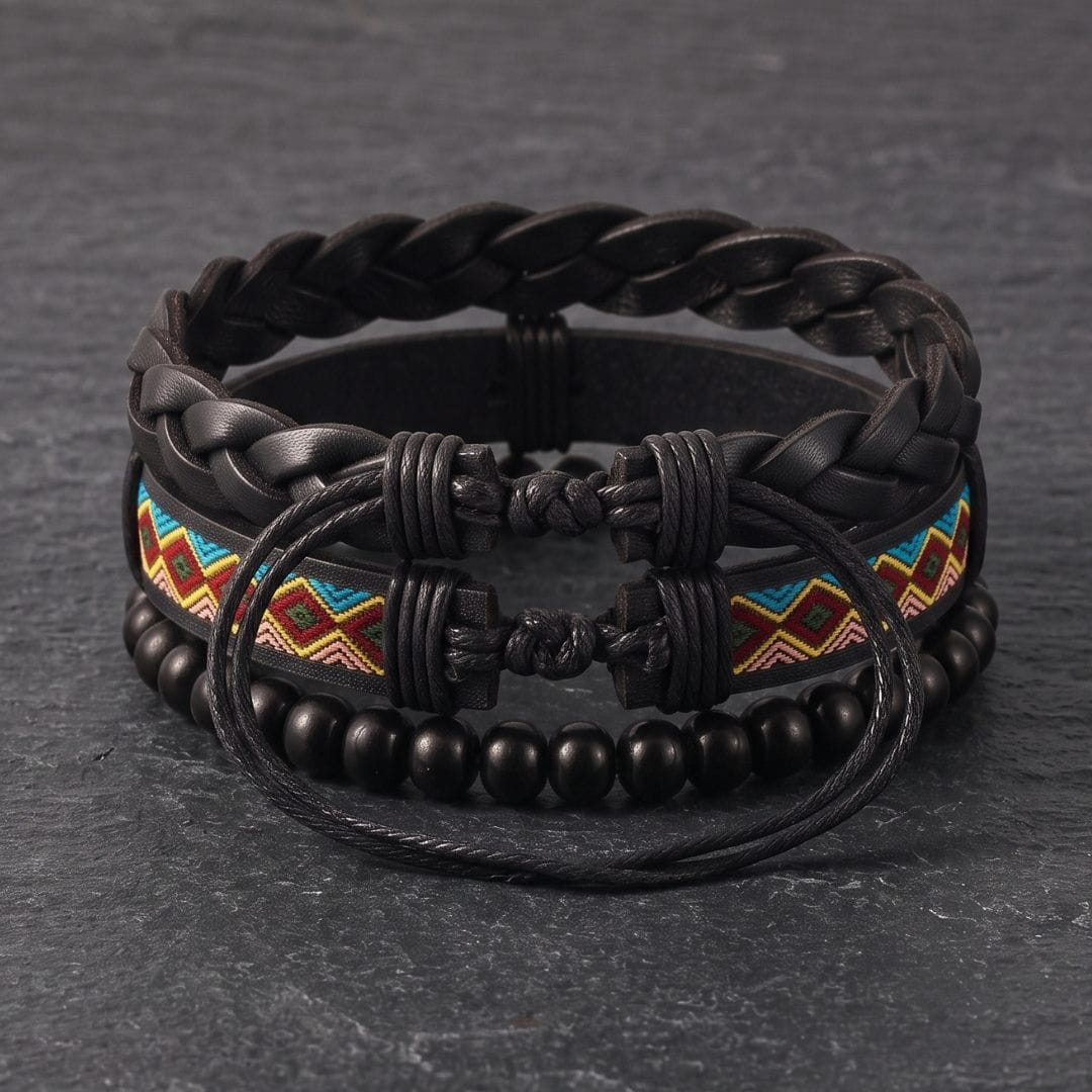 THE MEN THING Leather Bracelet AZTEC PULSE - 3Pcs Genuine Leather Adjustable Bracelets Set for Men & Boys