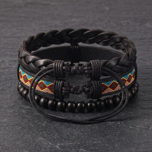 AZTEC PULSE - 3Pcs Genuine Leather Adjustable Bracelets Set for Men & Boys
