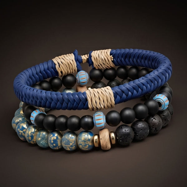 AZURE NOMAD - 4 Pcs Genuine Braided Leather Adjustable Bracelets for Men & Boys