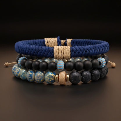 THE MEN THING Leather Bracelet AZURE NOMAD - 4 Pcs Genuine Braided Leather Adjustable Bracelets for Men & Boys