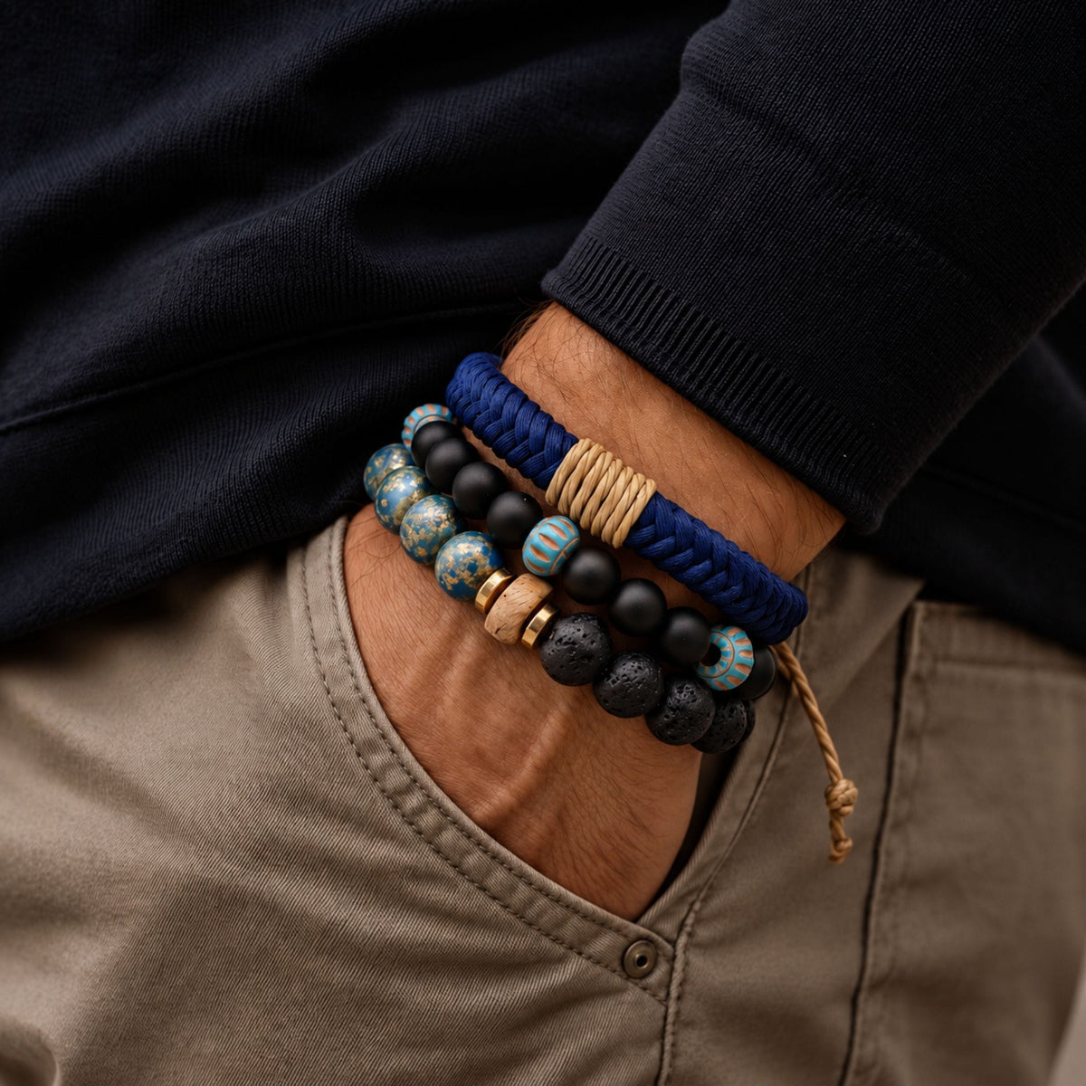 THE MEN THING Leather Bracelet AZURE NOMAD - 4 Pcs Genuine Braided Leather Adjustable Bracelets for Men & Boys