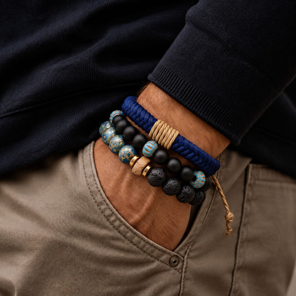 AZURE NOMAD - 4 Pcs Genuine Braided Leather Adjustable Bracelets for Men & Boys