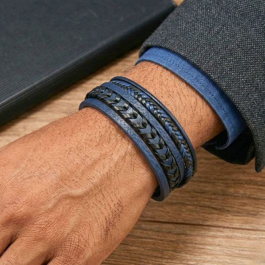 THE MEN THING Leather Bracelet AZURE WAVE - Blue 25mm Genuine Leather Multi-Layer Bracelet with Stainless Steel Magnetic Black Buckle for Men & Boys (8 inch)