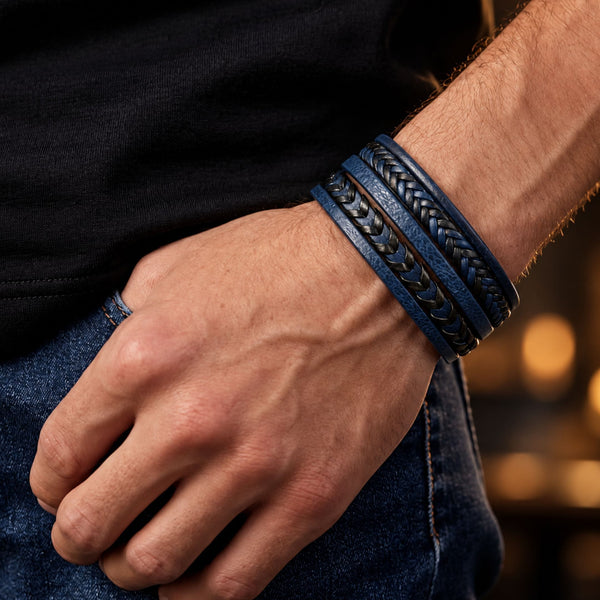 AZURE WAVE - Blue 25mm Genuine Leather Multi-Layer Bracelet with Stainless Steel Magnetic Black Buckle for Men & Boys (8 inch)