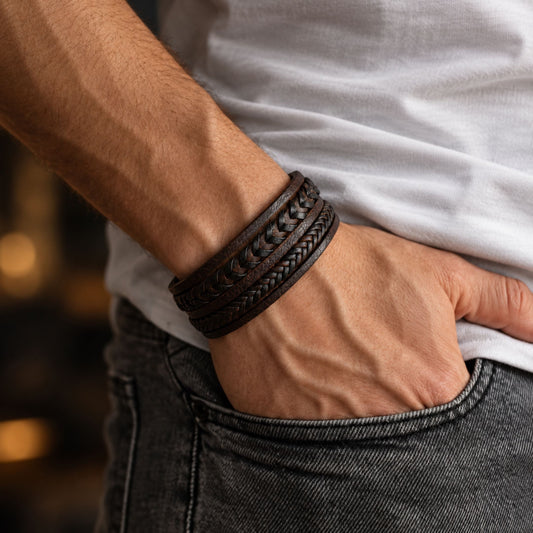 THE MEN THING Leather Bracelet AZURE WAVE - Dark Brown 25mm Genuine Leather Multi-Layer Bracelet with Stainless Steel Magnetic Black Buckle for Men & Boys (8 inch)
