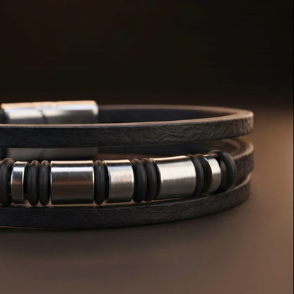 THE MEN THING Leather Bracelet BARREL BLACK - 18mm Genuine Leather Multi-Layer Bracelet with Stainless Steel Magnetic Buckle for Men & Boys (8 inch)