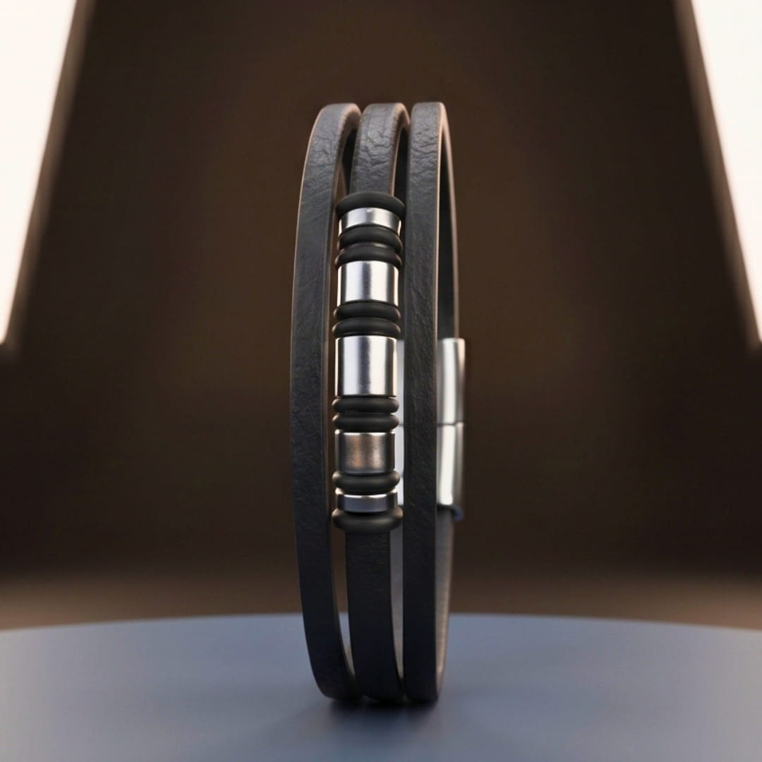 THE MEN THING Leather Bracelet BARREL BLACK - 18mm Genuine Leather Multi-Layer Bracelet with Stainless Steel Magnetic Buckle for Men & Boys (8 inch)