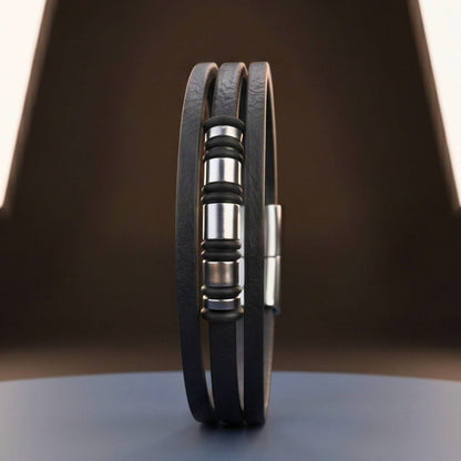 THE MEN THING Leather Bracelet BARREL BLACK - 18mm Genuine Leather Multi-Layer Bracelet with Stainless Steel Magnetic Buckle for Men & Boys (8 inch)